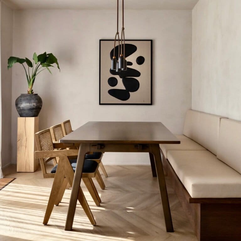 Compleet interieur in warme kleuren met veel houten meubels